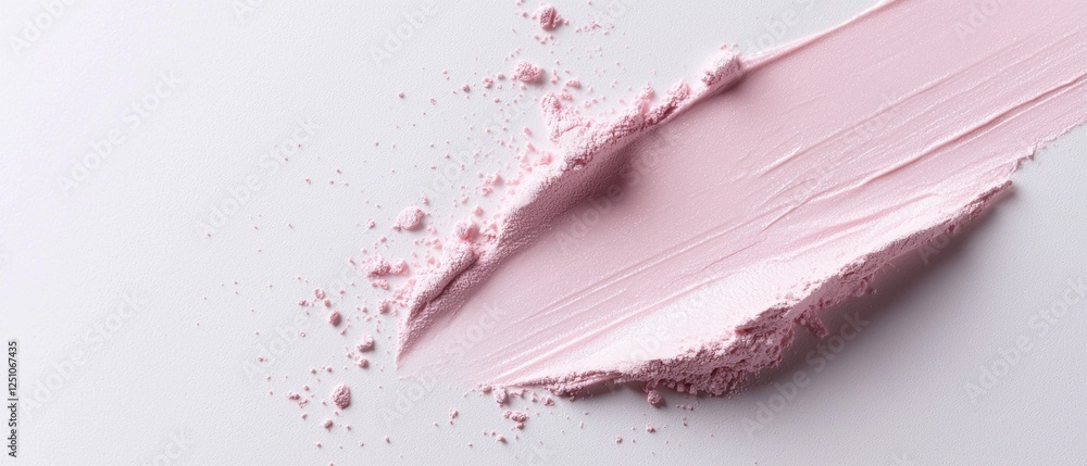 Poster close-up of a pink lipstick swatch on a white background. the swatch is in the shape of a curved lin