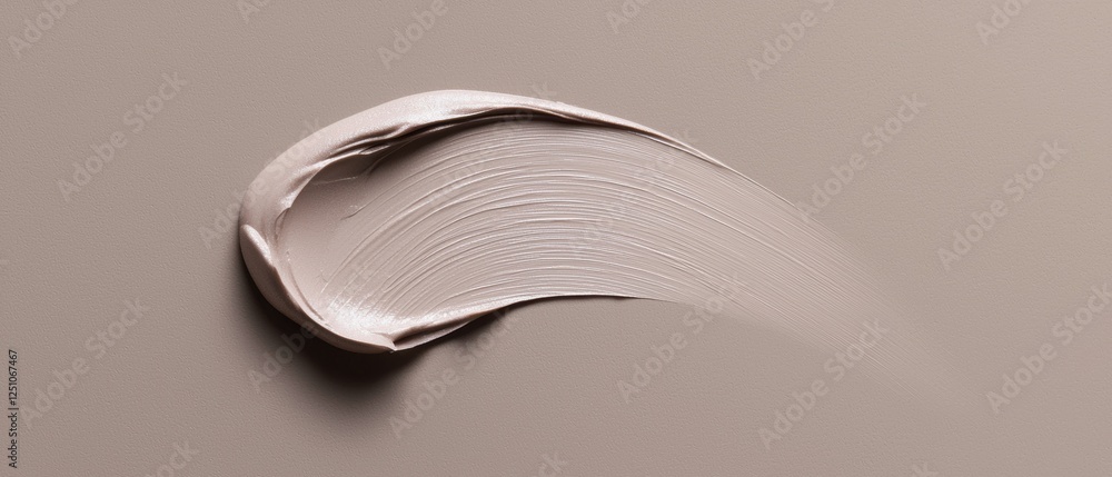Poster Close-up of a swatch of a cream or foundation on a beige background. the swatch is in the shape of a curved line, with the ends of the swatch curving upwards towards the right side of the image.