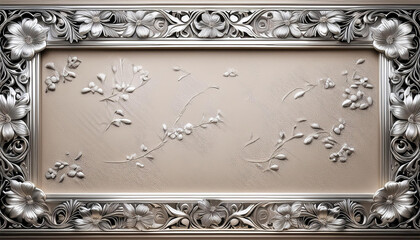 elegant silver frame with floral decorations on a beige textured background providing copy space for design and customization