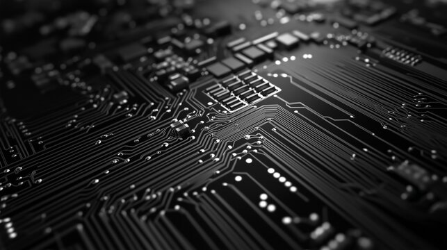 Abstract close-up of a glowing digital circuit board, showcasing intricate connections and technological design 