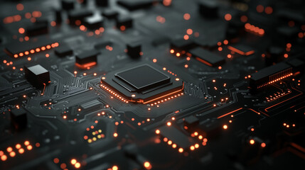 Abstract close-up of a glowing digital circuit board, showcasing intricate connections and technological design 