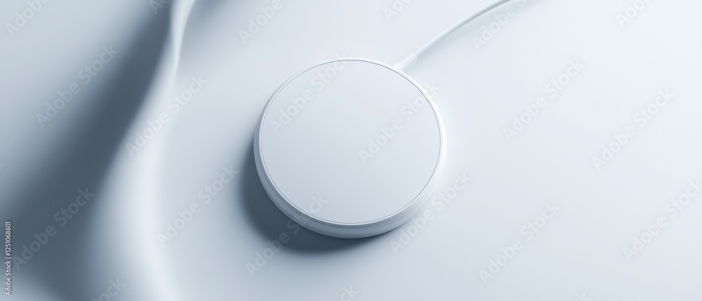 Poster close-up of a white circular object on a light blue background. the object appears to be a wireless 