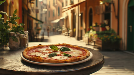 Delicious freshly baked pizza Margherita with crispy crust at outdoor pizzeria cafe in Italy