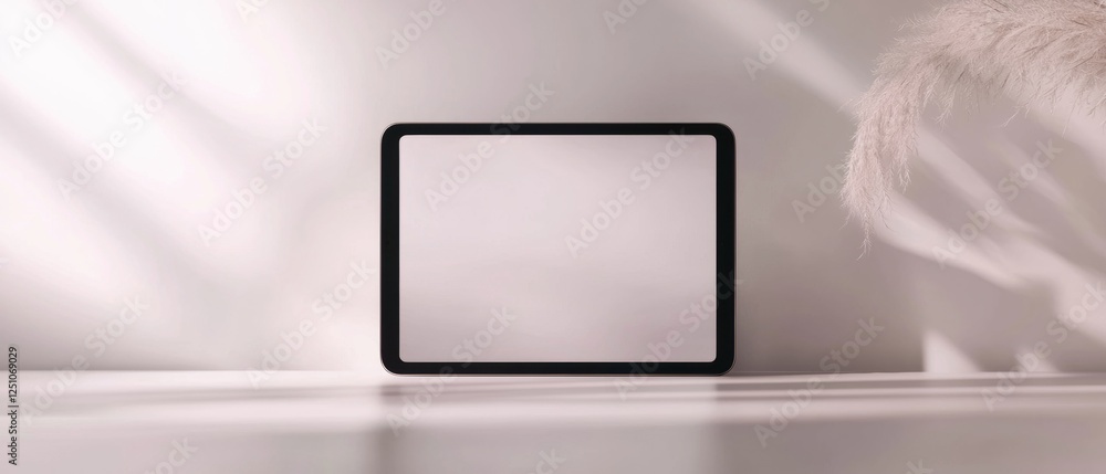 Poster black tablet computer sitting on a white surface. the tablet is in the center of the image and is fa
