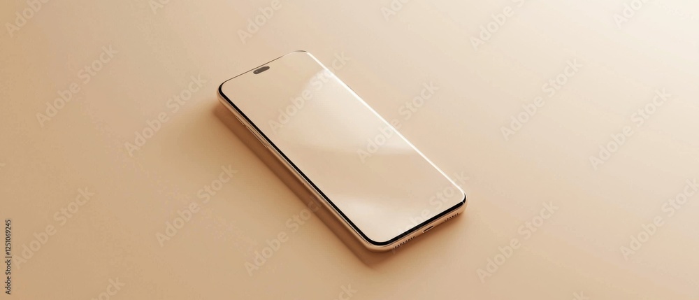 Poster 3d rendering of a smartphone lying on a beige background. the phone is in the center of the image, w