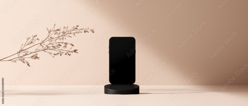 Poster black smartphone standing on a black stand on a beige background. the phone is facing towards the ri