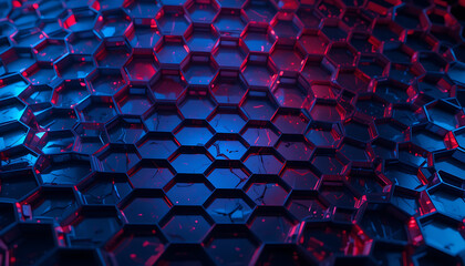 Obraz premium hexagonal pattern, honeycomb texture, blue and red gradient background, abstract design, geometric shapes, digital art, futuristic, technology concept