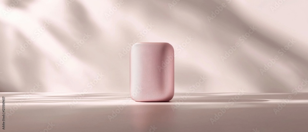 Poster small, cylindrical speaker in a light pink color. it is placed on a white surface with a smooth, sil