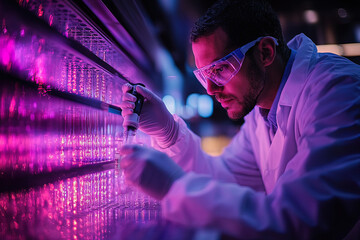 Scientist conducting experiments in a high-tech laboratory under vibrant purple lights