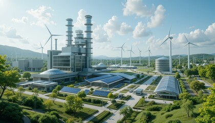 Sustainable Energy Complex Wind Turbines Solar Panels and Modern Green Power Plant