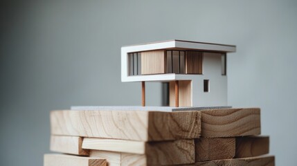 Modern house model on wooden blocks, architecture design
