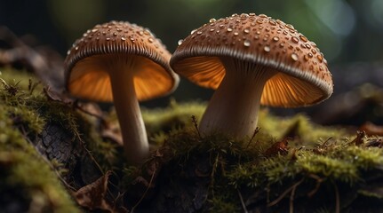 Fototapeta premium Close Up of Edible Wild Mushrooms in Natural Habitat of Damp Forest Floor
