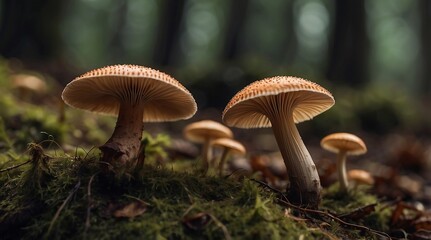 Wild Mushrooms Growing in Forest Undergrowth Macro Photography