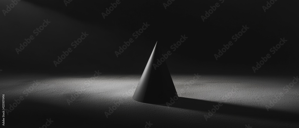 Poster black and white photograph of a single cone-shaped object in the center of a dark room. the cone is 