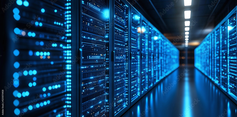 Poster server room: a glimpse into the heart of data processing, rows of glowing servers in a cool, illumin