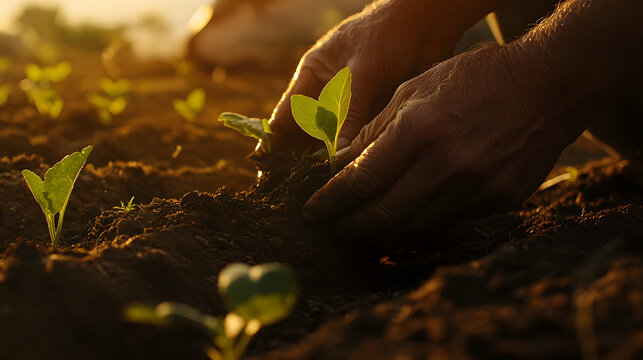 
Close-up of the hands of a senior farmer planting young vegetable seedlings in a garden or field at sunset
