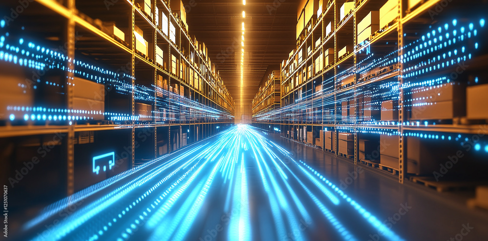 Poster a warehouse aisle is illuminated with digital data streams. rows of stacked boxes are shown with blu