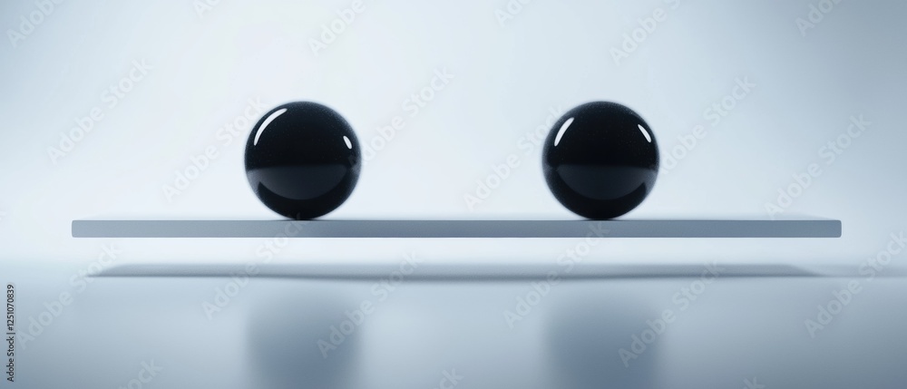 Poster two black spheres on a white rectangular shelf. the spheres are spherical in shape and appear to be 
