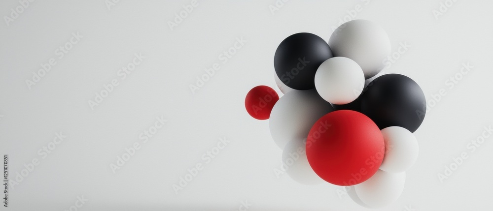 Poster abstract 3d rendering of a group of spheres. the spheres are of different sizes and colors - black, 