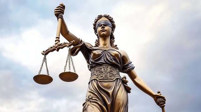 Symbol of justice stands tall against a cloudy sky in a city square