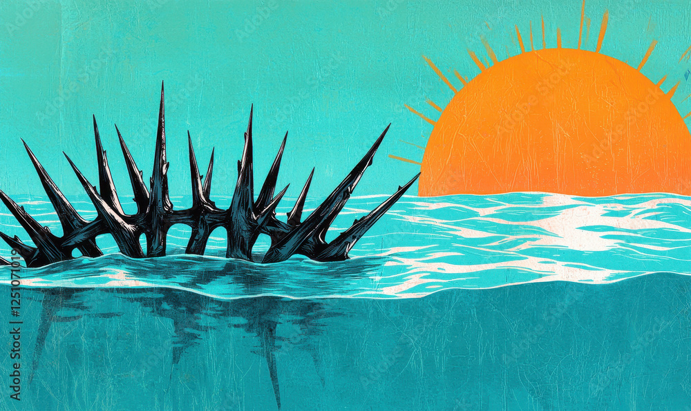 Poster captivating visual of sunset over ocean with foreboding spikes rising from water in a strikingly col