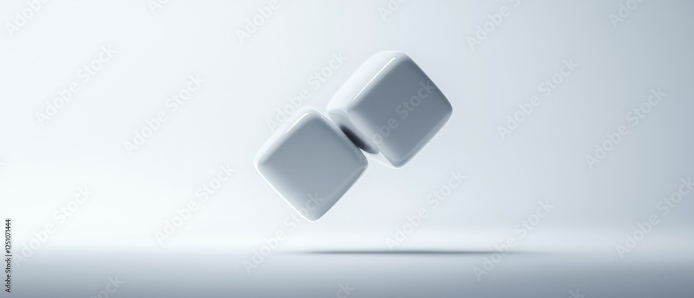 Poster 3d rendering of two white cubes floating in the air. the cubes are in the center of the image, with 