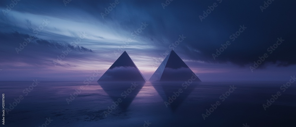 Poster two triangular shapes, possibly pyramids, standing in the middle of a vast body of water. the sky is