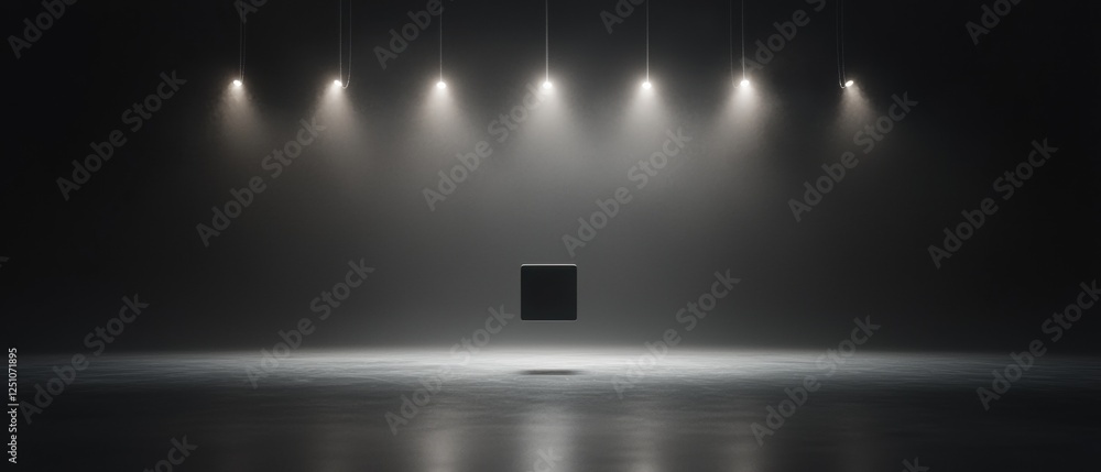 Poster black and white photograph of a dimly lit room with a square-shaped object in the center. the room a