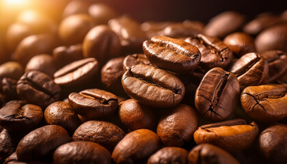 close up of roasted coffee beans with rich aroma and texture perfect for coffee lovers and beverage enthusiasts seeking the essence of caffeine in every sip
