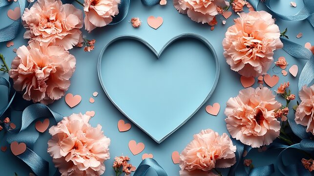 This elegant Mother's Day theme features an overhead shot of carnations, silk ribbon, paper hearts, and contemporary confetti framed by a heart shaped opening.