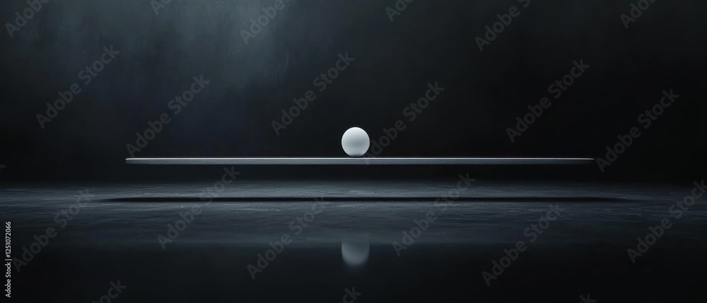 Poster black and white photograph of a single white sphere on a long, thin, rectangular platform. the platf