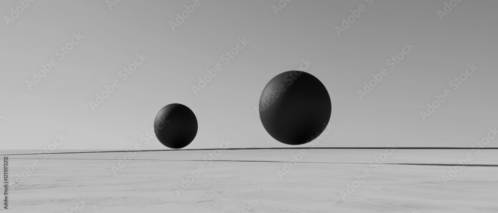 Poster two black spheres floating in the air. the spheres are spherical in shape and appear to be made of a