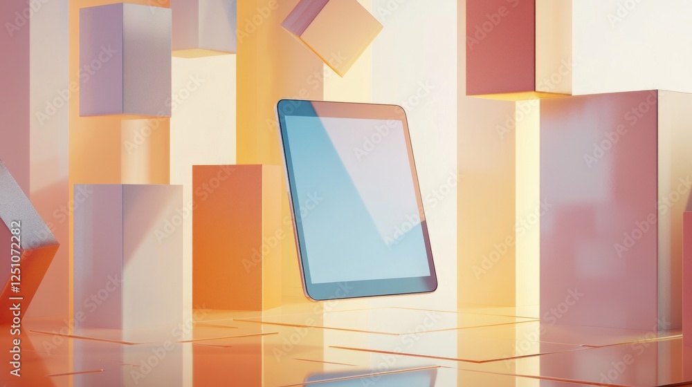 Poster tablet computer in the center of a room with a modern and abstract design. the tablet is in the fore