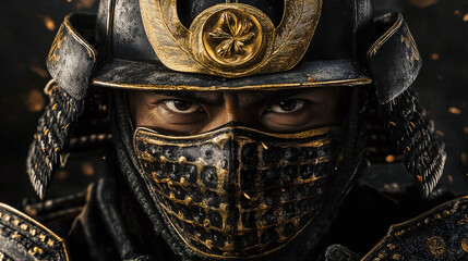 Obraz premium Close-up of an intimidating warrior wearing a traditional helmet and protective face mask, ready for battle in a historical era.