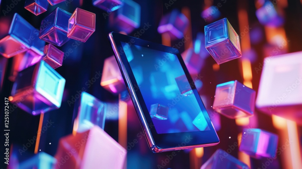 Poster tablet computer in the center of the image, surrounded by colorful cubes. the cubes are of different