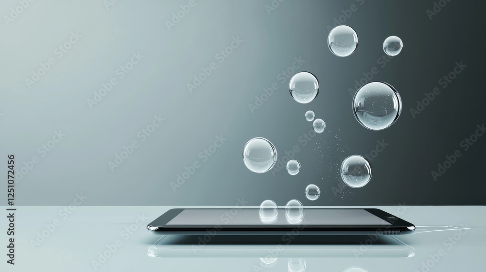 Poster black tablet computer lying on a white surface with a grey background. the tablet is in the center o