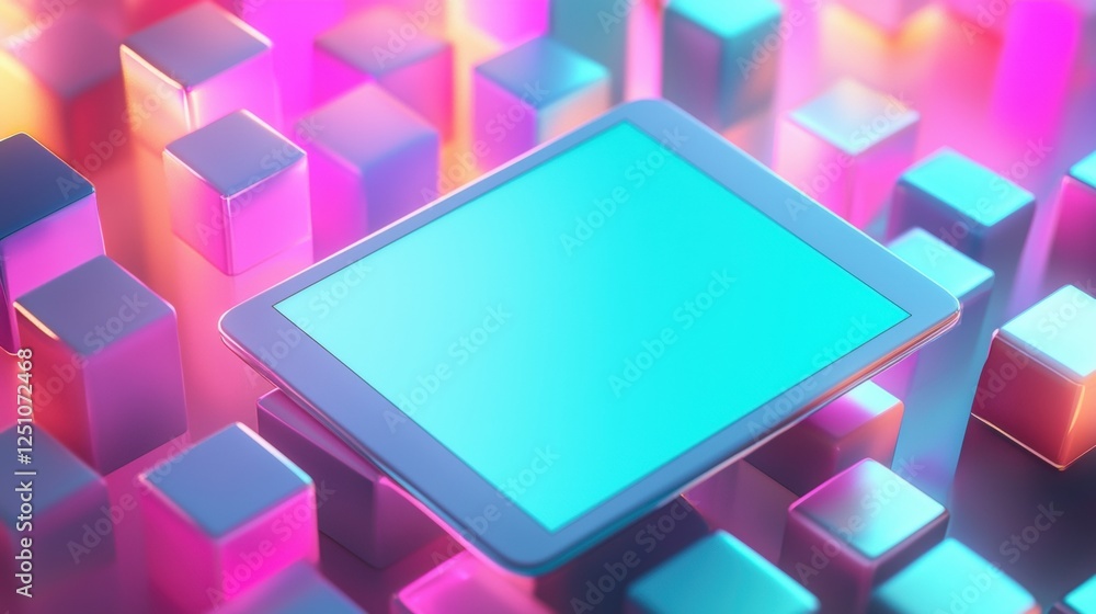 Poster tablet with a blank screen in the center. the tablet is surrounded by a background of colorful cubes