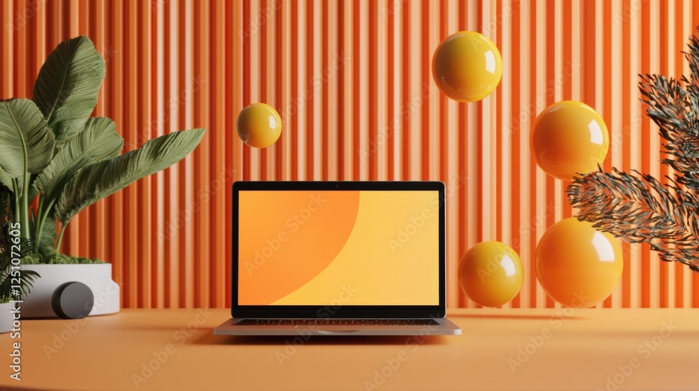 Poster laptop on a wooden table with an orange background. the laptop is in the center of the image and is 