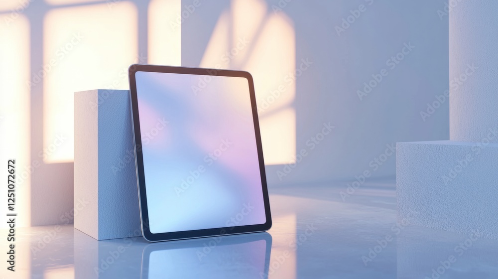 Poster tablet computer sitting on top of a white pedestal in a room with a blue and white color scheme. the