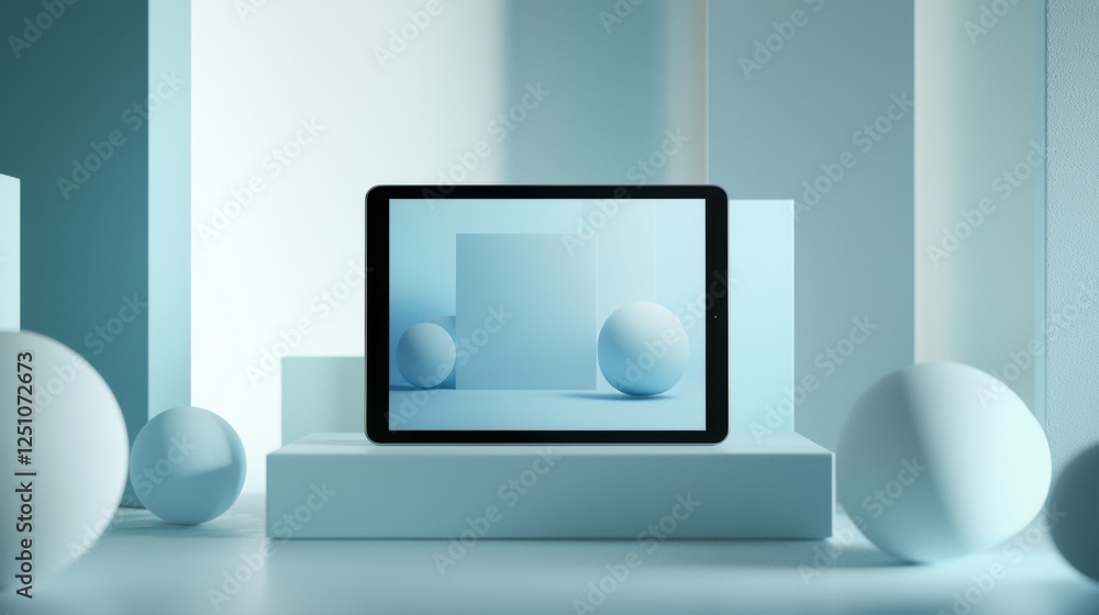 Poster tablet computer sitting on a white pedestal in a room with light blue walls. the tablet is in the ce