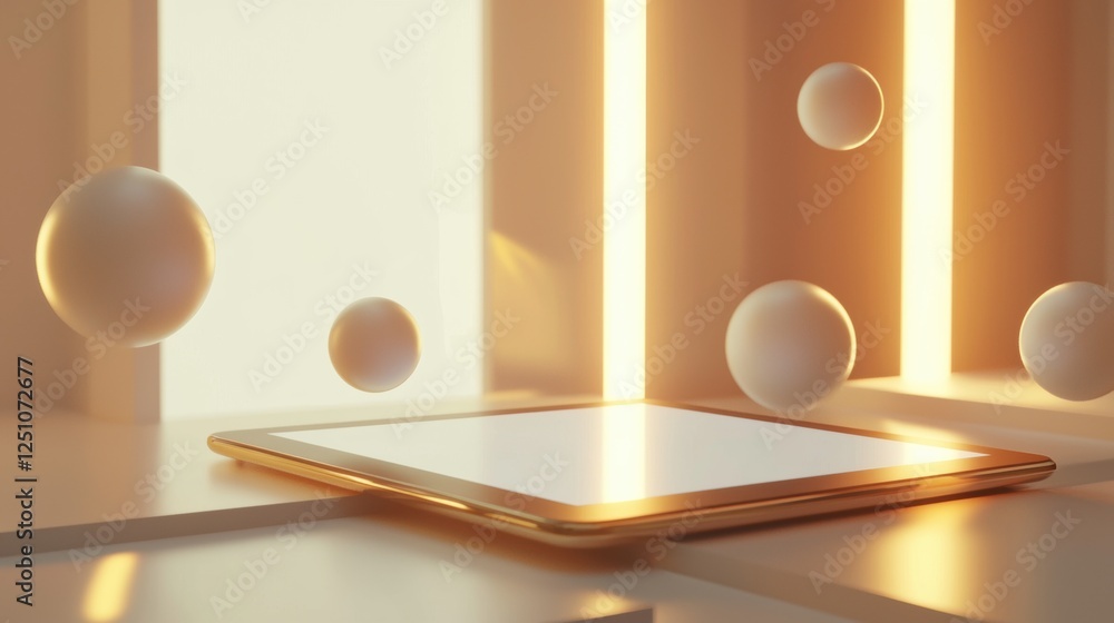 Poster 3d rendering of a tablet on a white surface with a golden frame. the tablet is placed in the center 