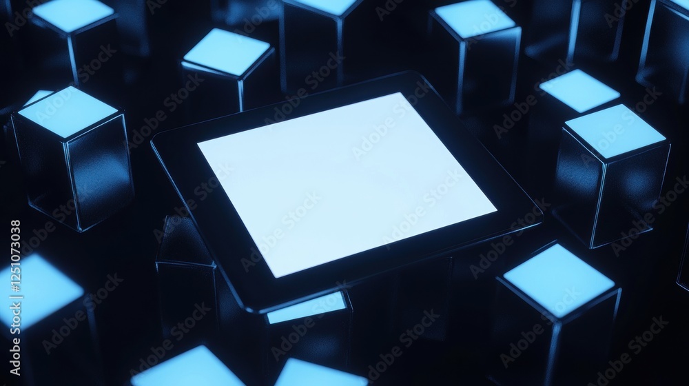 Poster black tablet with a white screen in the center. the tablet is surrounded by a group of small, square