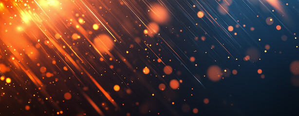 Abstract image featuring glowing light streaks and bokeh effects against a blue and orange gradient background. Elegant and dreamy design.