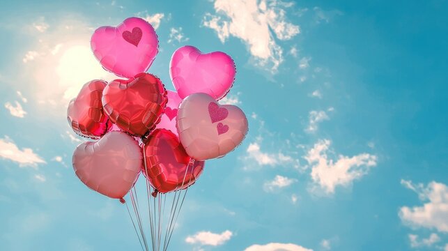 Heart-shaped pink and red balloons floating against a bright blue sky, capturing Valentinea??s cheer. - Powered by Adobe
