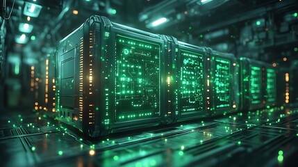 Fototapeta premium Eco-friendly power storage unit glowing in green with motion blur energy trails