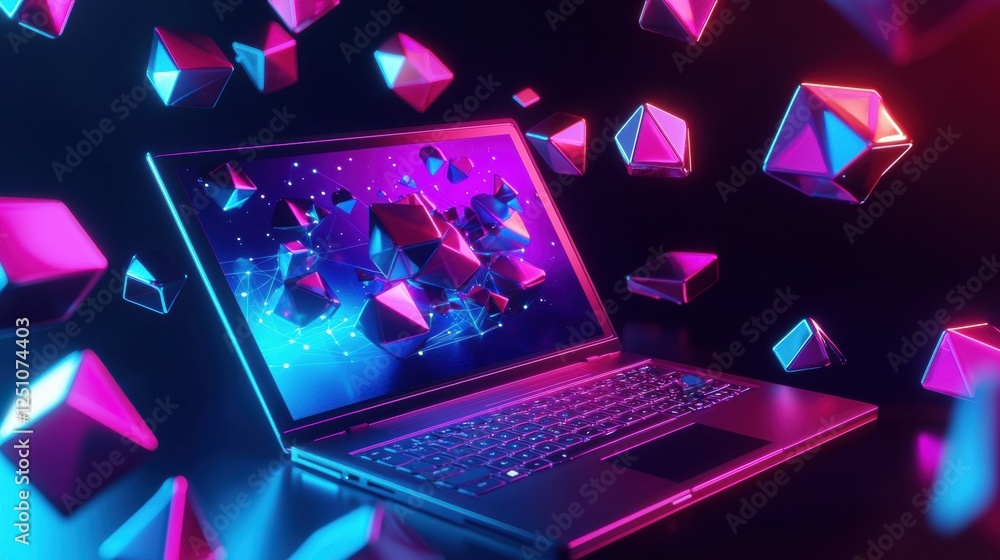 Poster laptop computer with a futuristic design on the screen. the laptop is placed on a black surface and 
