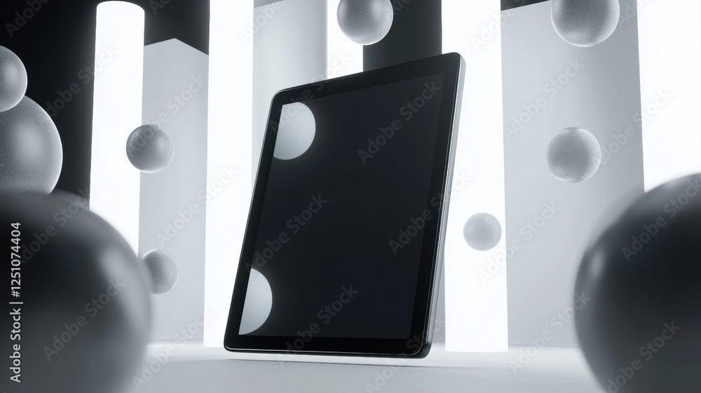Poster black tablet computer sitting on a white surface. the tablet is in the center of the image and is fa