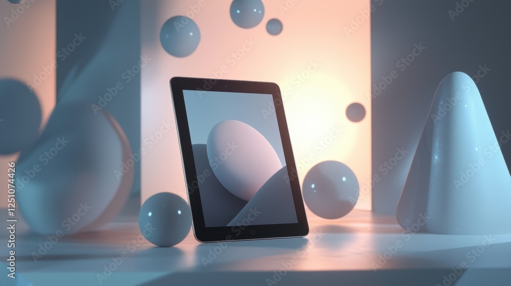 Poster tablet computer sitting on a white surface with a pink and blue background. the tablet is in the cen