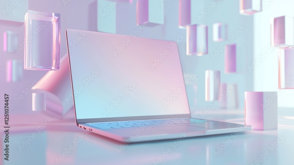 Aufkleber laptop computer sitting on a white surface with a pink and blue gradient background. the laptop is o