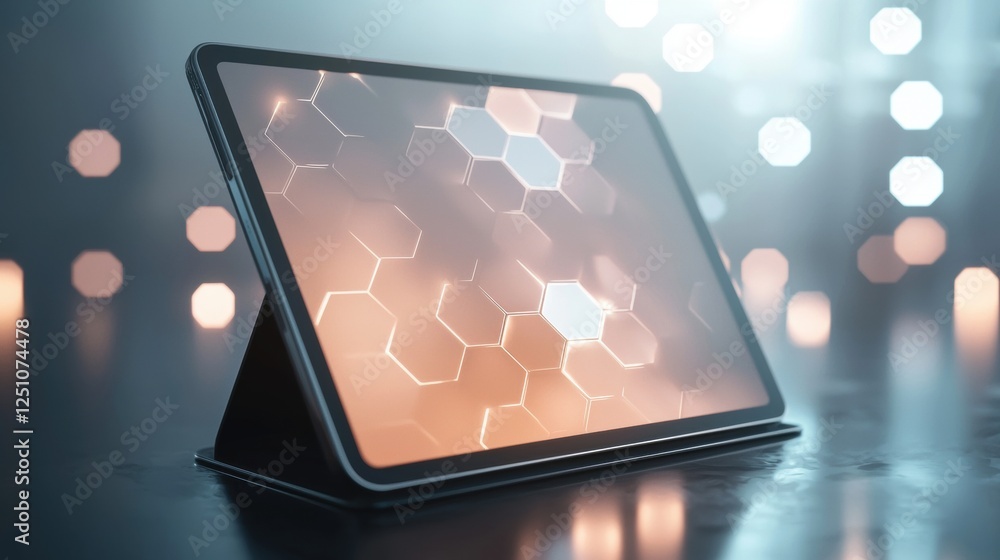 Poster tablet on a black stand with a hexagonal pattern on the screen. the tablet is placed on a reflective